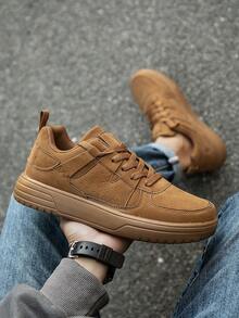 Men's Solid Color Splicing Casual Flat Platform Sneakers, Comfortable Lightweight Stylish Versatile Outdoor Leisure Sports Couple Shoes - Brown - View 5