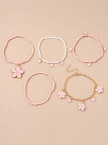 5pcs Set Cute Butterfly Floral Beaded Bracelets For Women, Everyday Wear