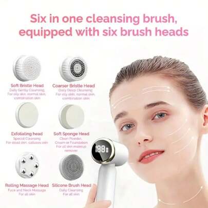 6-In-1 Electric Facial Cleansing Brush, 3 Adjustable Speeds, Rechargeable Waterproof Silicone Skin Scrubber, Pore Cleaner, Blackhead Remover, Spare Brush Heads Included