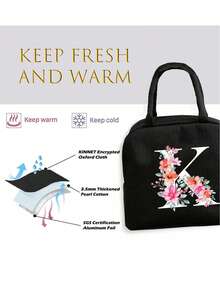 1pc Letter Print Insulated Lunch Bag, Thermal Lunch Tote, Handbag, Lunch Box, Ice Pack, Picnic Food Tote Bag, Canvas Lightweight Portable Lunch Storage Bag, Ideal For School, Office, Picnic, Birthday Gift, Souvenir. This Is A Novel Design With Large Capacity Portable Casual Lunch Insulation Bag, An Ideal Tote Bag For School Supplies. - Black - View 6