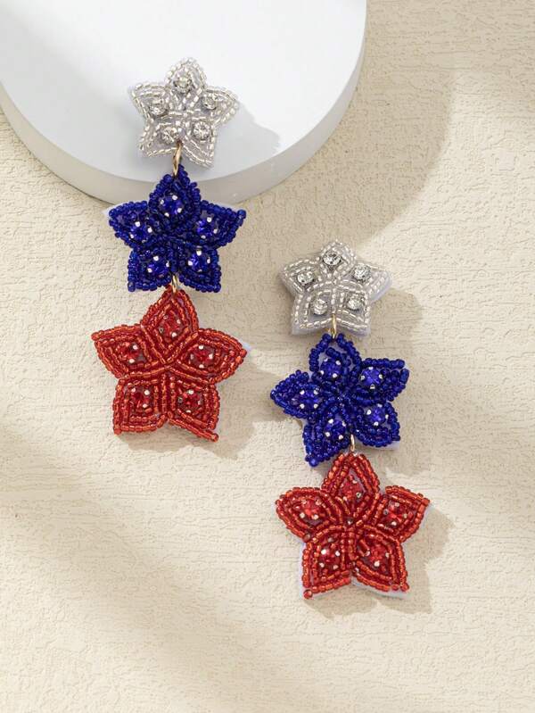 WinLeaf 1 Pair American Independence Day Red White Blue Star Beaded Earrings, Women's Holiday Gift Earrings