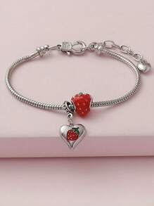 1pc Sweet Cute Simulated Oil Painting Heart-Shaped Strawberry Fruit Bracelet, Suitable For Daily Wear, Dating, Vacation And Casual Outfits