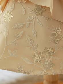 Baby Girls Sequin Embroidered Satin Trailing Party Dress, Suitable For 1st Birthday Celebration, Flower Girl Wedding, Fabric Pattern Random - Champagne - View 7