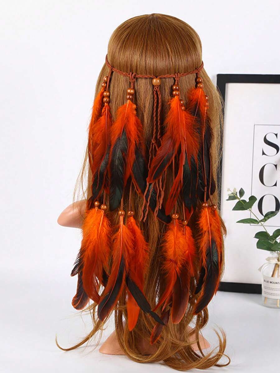 1 件女士跨境多色长羽毛头带，波西米亚复古风格别致发饰，适合万圣节日常使用