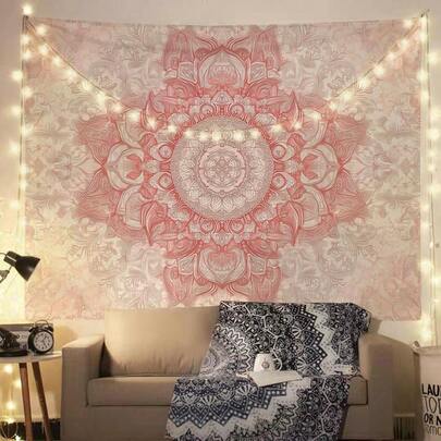 1 st. väggbonad i bohemisk stil med rosa mandala - flera storlekar tillgängliga (200x150cm/150x130cm, etc., polyestermaterial), väggdekoration för sovrum/vardagsrum