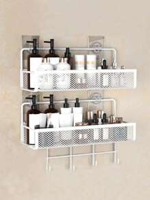 1pc Metal Wire Mesh Bathroom Storage Rack, Wall Mounted Kitchen Basket, No-Drill Shelf Organizer For Bathroom & Kitchen Back To School