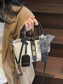 1pc Litchi Texture Solid Color Fashion Zipper Closure PU Leather Handbag With Scarf Ornament, Suitable For Daily Use - Black and White - View 2
