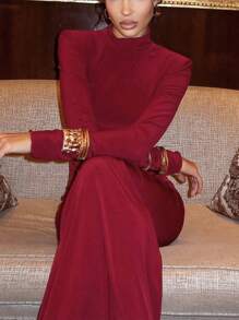 Women's High Neck Long Sleeve Padded Shoulder Ruched Fishtail Dress, Evening Gown