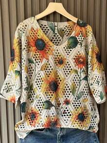 女士时尚花卉镂空设计针织毛衣 - 杏色 - 查看 1