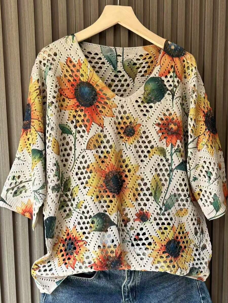 女士时尚花卉镂空设计针织毛衣 - 杏色 - 查看 1