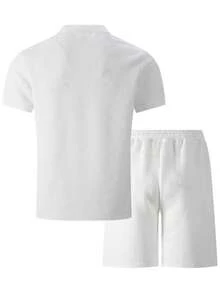 Men Casual Jacquard Crew Neck Short Sleeve T-Shirt + Shorts Set, Men Fashion Sports Short Sleeve & Shorts 2 Pieces Set - White - View 5