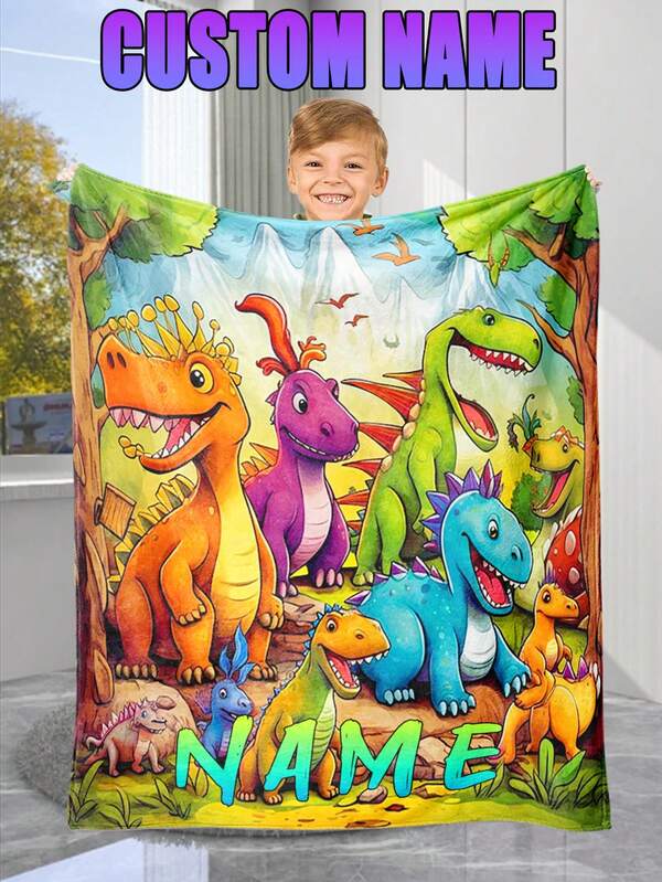 1pc Custom Personalized Color Name Throw Blanket, With Dinosaur World Blanket For Girl Boy Great Holiday Gift For Daughter,Son,Classmates, Friends,Super Soft Warm Gorgeous Cozy, For All Seasons, Suitable For Indoor, Camping, Air-Conditioned Room, Sofa, Living Room,Bedroom,Home,Halloween, Ideal Gift For Children's Day, Christmas, Birthday