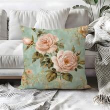 1 件洛可可粉色花卉复古印花单面装饰抱枕套，17.7*17.7 英寸，家居装饰靠垫套，适用于客厅沙发卧室，派对装饰礼物 - 款式D - 查看 9