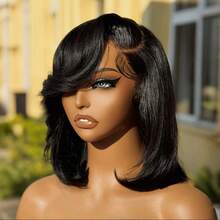 4x4 Lace Closure Bob Human Hair Wig With Side-Swept Bangs - 150% Density, Pre-Plucked Natural Hairline, Adjustable Fit, Curly/Styleable, Soft & Comfortable For Men & Women, Special Occasion Wig | Sleek Black Wig - Natural Black - View 2