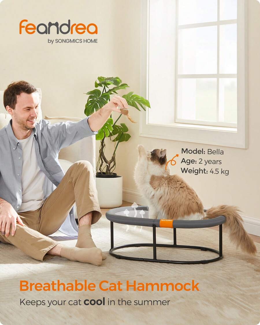 Feandrea Cat Hammock, Raised Cat Bed, Small Dog Bed, For Pets Up To 12 Kg, Free-Standing Pet Bed For Summer, With Removable Mesh, Machine Washable, Oval - Grey - View 1