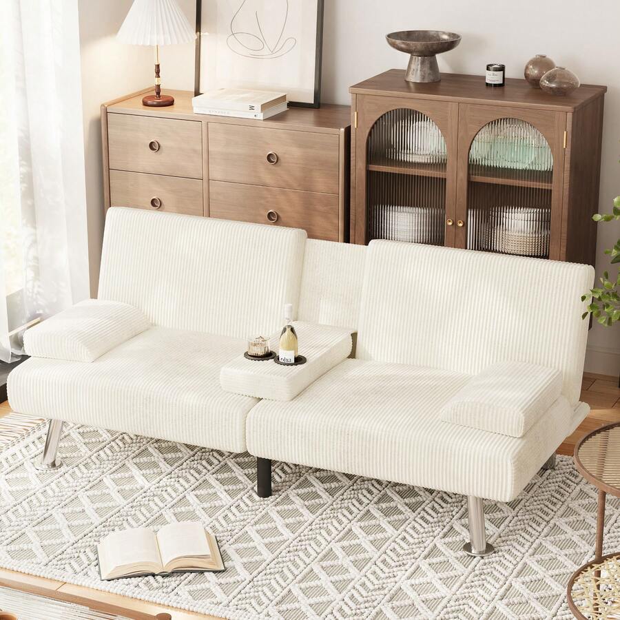 Futon Sofa Bed, Faux Leather Futon With Removable Armrests, Adjustable Recliner Sleeper Sofa Bed With Dual Cup Holders For Living Room, Apartment, Office - 米白燈芯絨 - 查看 1