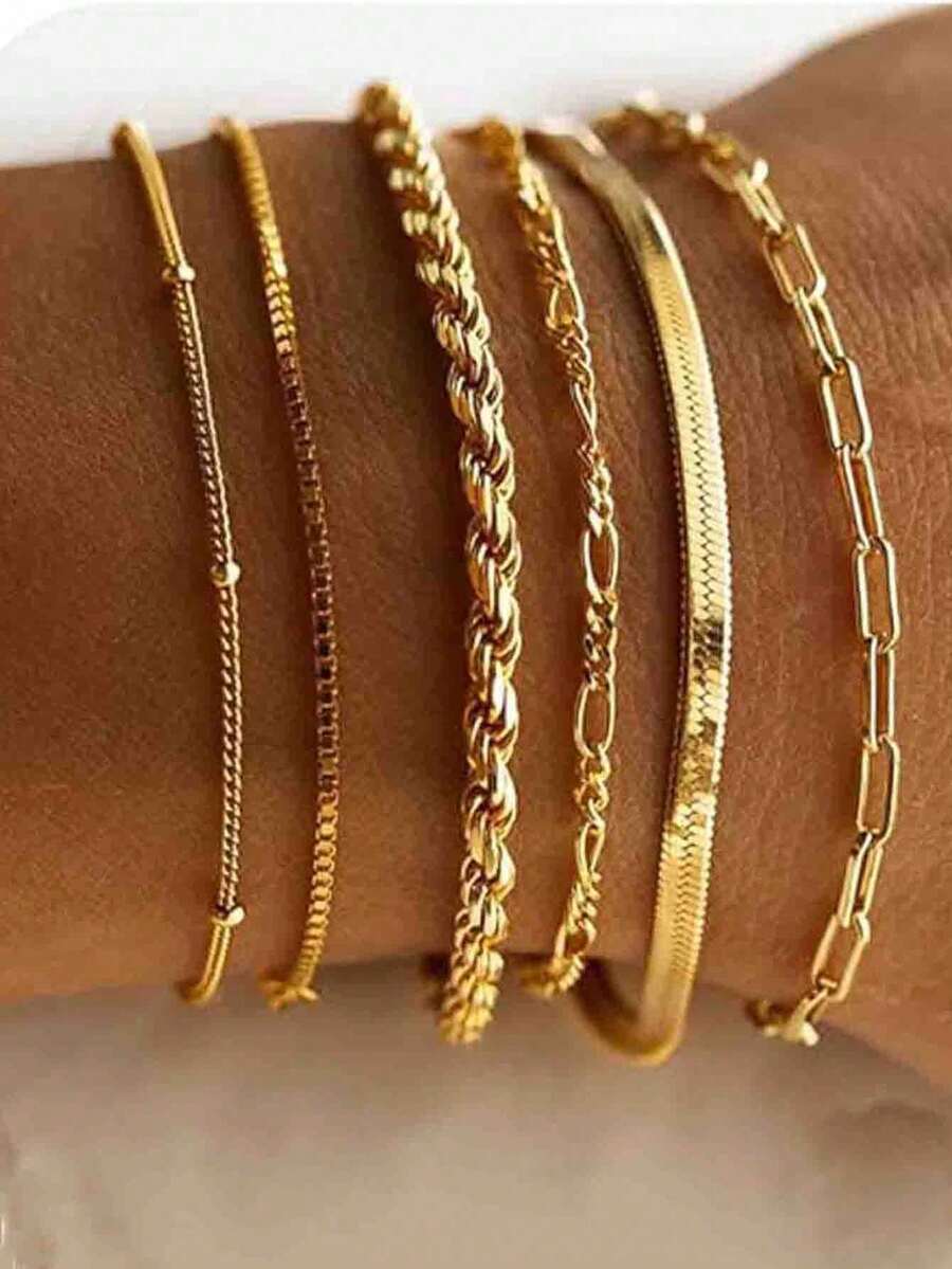 Bộ 6 chiếc/bộ thép không gỉ vàng 18K thời trang nữ nhiều lớp chuỗi hạt rắn mini cổ điển, chống xỉn màu, đeo hàng ngày, dự tiệc - Vàng - Xem 1