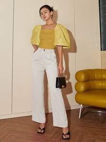 Modern Filipiniana Women's Casual Solid Color Puff Sleeve Square Neck Blouse, Summer Outfits For Women Crop Tops Business Casual - Mustard Yellow - View 3