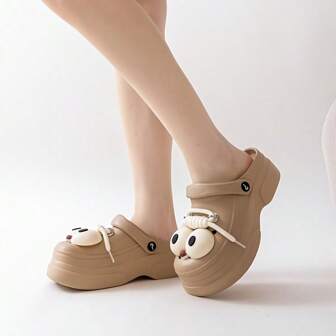 ASOFTER Women's Cartoon Big Eye Hollow Slip-On Sandals, Fashion Summer Casual Slippers For Outdoor/Indoor, Thick Sole Anti-Slip Beach Shoes, Suitable As Halloween, Christmas Gift