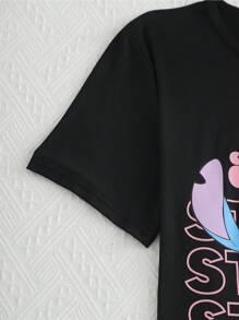 Disney Conjunto de pijama de 2 piezas con estampado de dibujos animados, Stitch, autorizado, de mujer. Incluye top de manga corta y cuello redondo, y pantalones. Confeccionado en tela de punto cómoda para uso en el hogar. Estilo casual elegante y romántico, ideal para vacaciones.
