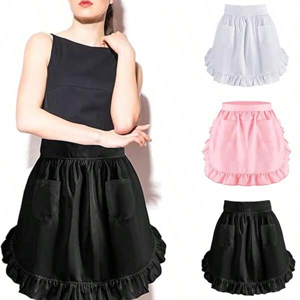 1 pieza Delantal de encaje negro/blanco/rosa con bolsillo, delantal con ribete de volantes para mujer, delantal de disfraz de criada, delantal de encaje vintage para cocina, cocción, hornear y cosplay