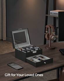 SONGMICS Watch Box, Watch Case With Glass Lid, 2-Tier Watch Display Case For 8 Watches, Lockable, 1 Drawer, For Rings, Bracelets, Gift Idea, Black Synthetic Leather, Greenish Grey Lining Back To School Dormitory Storage - Black - View 1