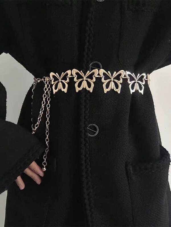 Butterfly Waist Chain, Dress Accessory Waist Belt For Women, Gold/Silver Metal Chain, Korean Style Waist Cincher Summer