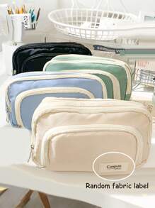 1pc 3-Layer Canvas Pencil Case With Clear Window, High-Quality Japanese Style, Extra Large Capacity Student Stationery Bag (7 Colors),Pencil Pouch,School Bag