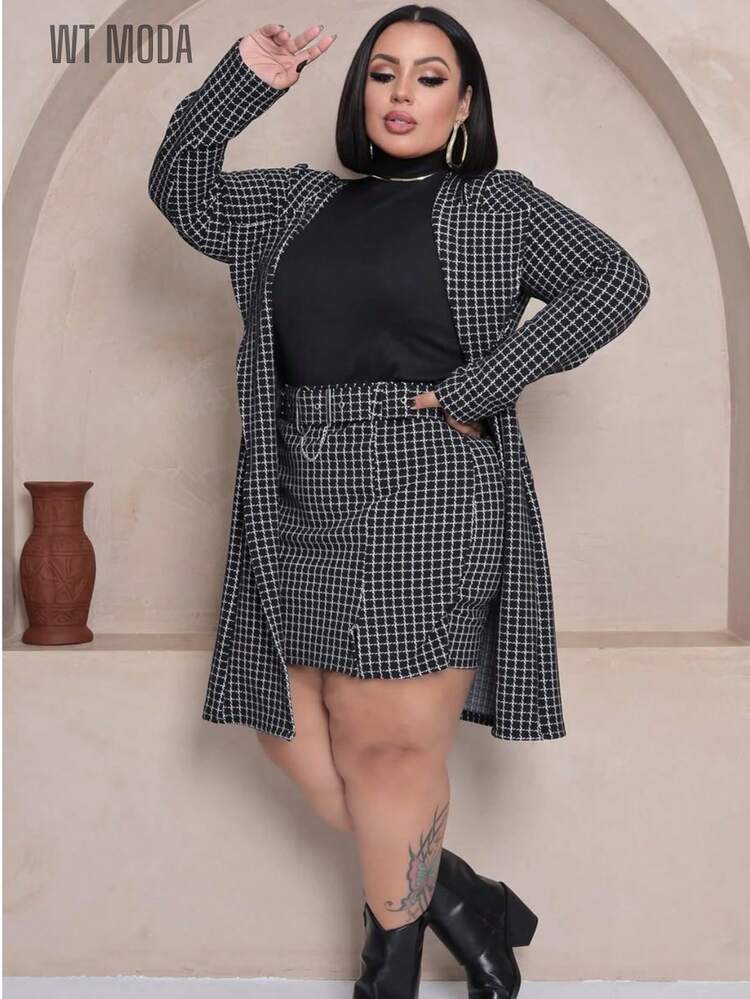 WT Conjunto jacard + Shorts Saia acompanha cinto elegante plus size feminino - Preto - Visão 5