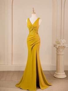 Women's Sleeveless V-Neck Twisted Dignified Elegant Corset Split Thigh Formal Dress, Bridesmaid Dress For Outdoor Wedding Party - Yellow - View 5