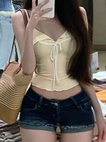 Damen sexy farbblockiges V-Ausschnitt Schleifen Rüschen Saum verstellbare Träger Bustier Top für Yoga & Sport