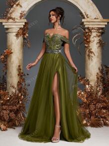 Olive Green Strapless Beaded Sequin Embellished Tulle Dress Beaded Gowns Formal Evening Party Dresses Gowns Wedding Guest Prom Dresses
