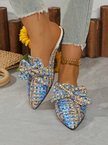 女士尖头白色蝴蝶结松紧带平底穆勒鞋，新款春秋户外日常休闲鞋，PU 皮革软底休闲平底鞋，多功能松紧带百搭平底女鞋 - 藍色 - 查看 4