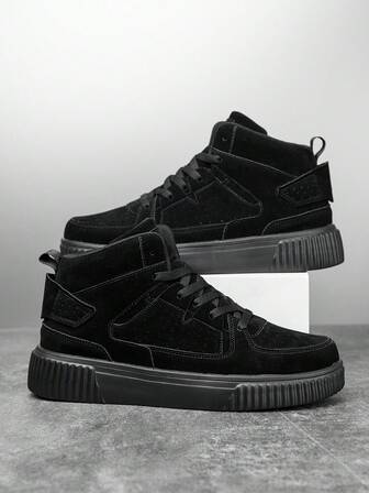 Men's Retro Black Patchwork Round Toe Lace Up Casual High Top Sneakers, Minimalist Versatile Outdoor Comfortable All Season Lightweight Large Size Couple Shoes