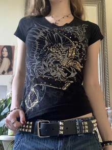 Women Y2k Fairy Grunge Shirt Top Punk Goth Graphic Rhinestone Short Sleeve Crewneck T Shirts E-Girls Slim Fit Tees Top Emo Vintage Aesthetic Clothes Streetwear - 黑色 - 查看 1