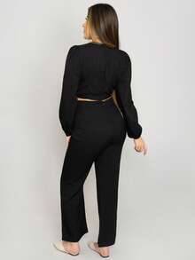 Palazzo para mujer de verano con textura y color liso de moda - Negro - Ver 10