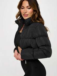 Chaqueta corta de algodón rellena a mano con tejido de memoria para mujer - Negro - Ver 4