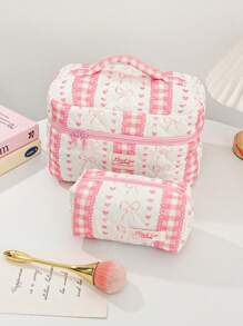 1 Piece Plaid Lace Quilted Pink Zipper Bag Sweet Style Large Capacity Bow&Love Portable Zipper Makeup Bags Fashionable Portable Makeup Bag, Multi-Functional Storage Bag For Lipstick, Sanitary Napkin, Coins, Keys Etc Women Skincare Organizer Bag Print Flower Makeup Organizer Storage Bag Graduation