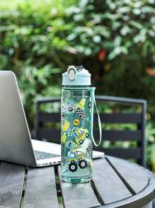 1 pieza Botella de agua a prueba de fugas de 800 ml con diseño de patrón de animal de dibujos animados lindo (dinosaurio, arcoíris), con pajita, correa de transporte y diseño a prueba de golpes - Adecuado para viajes, exterior, estudiantes, guardería, práctico para uso escolar