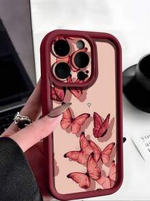 Burgundy Aesthetic 1pc Sweet & Spicy Butterfly Pattern Shockproof Soft TPU Phone Case, Compatible With IPhone Waterproof Anti-Fall Scratch Resistant - Multicolor - View 4