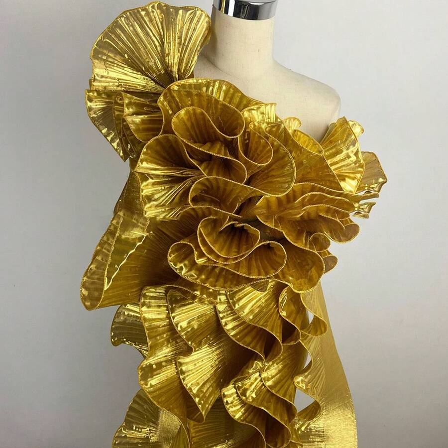 2 码金属光泽褶皱荷叶边花边，服饰舞蹈装饰配件