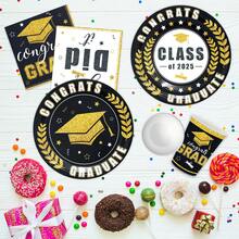 Graduation Tableware Set Graduation Decorations Class Of 2025 Graduation Plates Cups And Napkins 2025 Tableware Set Graduation Supplies For College High School Graduation Party(Black And Gold) - Black Gold - View 5