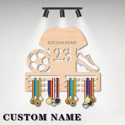 1Pc Custom Name Football, Basketball, Volleyball, Baseball Sports Medal Holder - Double Wood, 6 Styles To Choose, Hunt, Traditional Style, Wall Mounted, No Power Required, Unique Bedroom Decoration, Back To School Season, Wedding Season, Father's Day, Day, Easter Graduation Season Mother's Day Decoration, Best Gift For Family, Friends, Handmade, Long-Lasting