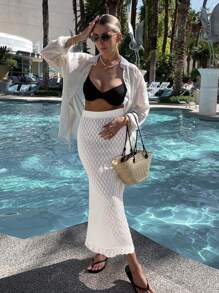 Falda recta de punto de unicolor, elegante y sexy con calados, estilo vacacional, de cintura alta elástica, de ganchillo con calados, vestido de playa elástico, para primavera, verano y otoño