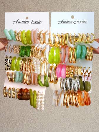 12/20/30pcs Set Bohemian Faux Pearl Resin Fashion Multicolor Earrings Set, Daily, Beach, Date, Party, Summer Gift (Color Difference May Occur)
