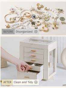 CASEGRACE 1pc Large Capacity Jewelry Box For Women, 360° Rotation PU Leather Jewelry Storage Case , 6 Tier 5 Drawers Clear Lid Jewelry Storage Organizer - Perfect For Rings, Earrings, Necklaces & Bracelets, Gift For Women, Girlssummer Storage Organizer Gift Back To School