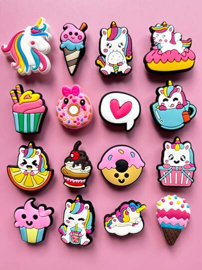 16 PCS Unicorn Park And Dessert Series Shoe Flowers, The Integration Of Fantasy Unicorn Elements And Sweet Dessert Theme, The Combination Of Fantasy And Sweet, The Series Of Shoe Flowers To Unicorns And Desserts As Inspiration, The Perfect Integration Of Fantasy And Sweet, Aiming To Create A Unique Footwear Experience For Users