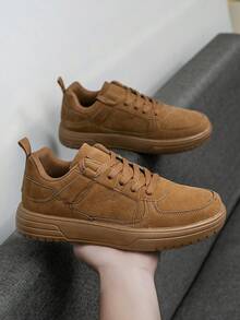 Men's Solid Color Splicing Casual Flat Platform Sneakers, Comfortable Lightweight Stylish Versatile Outdoor Leisure Sports Couple Shoes - Brown - View 7