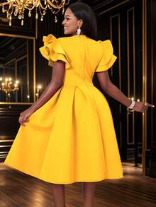 Women's Sweetheart Neck Ruffle Hem Flare Skirt, Suitable For Parties, Graduations, Back To School Occasions, Paired With Bell Sleeves - Yellow - View 3
