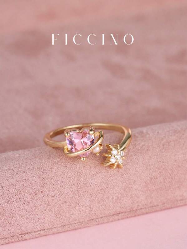Anillo con planeta corazón rosa lindo bañado en oro con circonita cúbica multicolor de FICCINO, diseño ajustable y abierto en círculo, estilo dulce y femenino, regalo encantador para mejores amigas
